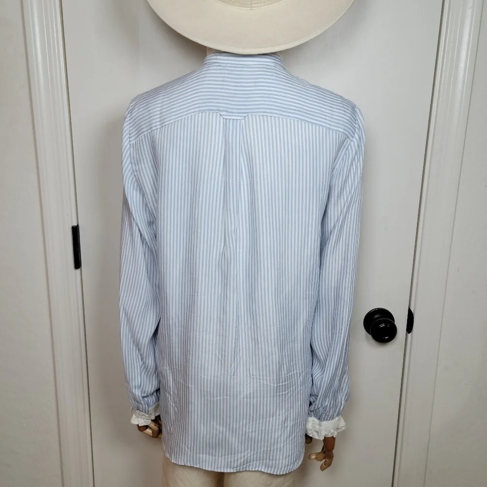 J. Crew Blue & White Striped Cupro Blend Button-Up Shirt Ruffle Trim Size Small
